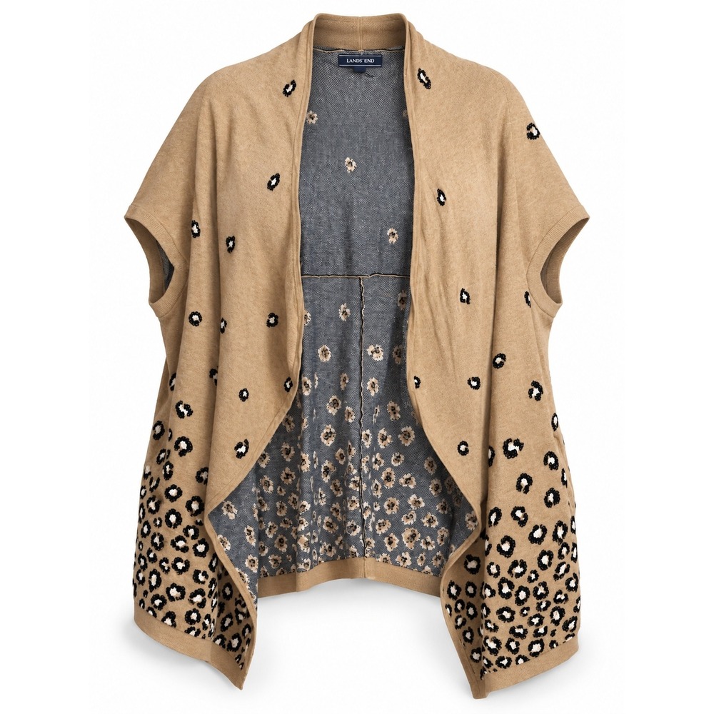 Lands End Women XL Leopard Print Open Front Cardigan Wrap Tan Cotton Modal Blend